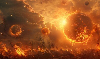 Apocalyptic scenario of the end of the world with balls of fire and sulfur falling from the sky, Generative AI