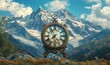 A giant clock in front of the mountains time is running out, Generative AI