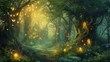An enchanted forest with magical creatures, glowing plants, ancient trees, a hidden fairy village, mystical ambiance. Resplendent.