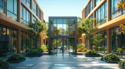 Office building exterior, showing multiple small office pods with sharp corners outside an office area. Generative AI.