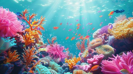 Wall Mural - A beautiful coral reef with fish, corals and anemones in bright pastel colors. Generative AI.