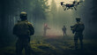 Soldiers are holding a drone, their blurred landscapes, junglecore, narrative depictions apparent in light maroon and green.