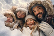 Children and family lay in the snow, their detailed facial features, white and amber colors, combining natural and man-made elements, happycore, and spot metering apparent.