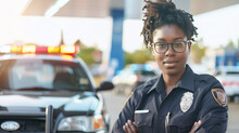 Portrait Of An African American Policewoman On The Street With A Police Car In The Background