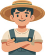 A happy farmer with crossed arms wearing overalls and a straw hat, depicted in a flat design style against a white background.