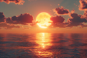 Wall Mural - Red sunset over the sea. Large and round sun shining brightly against an orange sky with dark clouds. In front of it lies calm water reflecting its light.  