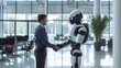 Man in a suit shaking hands with a humanoid robot in a modern office setting, symbolizing future AI and human collaboration, suitable for technology-themed events.