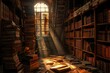 : Forgotten library, ancient books, single sunbeam.