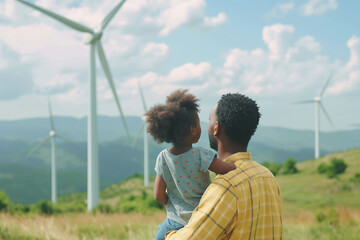 African American family in a windmill generating electricity It is an alternative source of electricity. Concept of sustainable resources and renewable energy