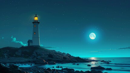 A lighthouse is on a rocky shoreline at night. The moon is in the sky, and the water is calm. The scene is peaceful and serene
