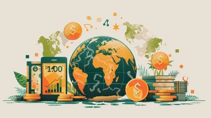 Wall Mural - A drawing of a globe with a cell phone, a stack of coins, and a stack of books