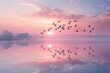 /imagine: A flock of birds taking off in unison from a calm, serene lake, with their reflection shimmering in the water, at dawn