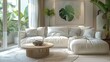 Modern living room cream style, white sofa with green leaf decoration on the back, light grey carpet, small round coffee table. Generative AI.