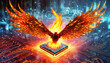 Microchip transforms into a fiery phoenix surrounded by glowing data streams and vibrant digital landscapes