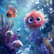 Utilize the spacious banner ad copy area to showcase a delightful underwater world featuring fluffy creatures with oversized eyes , 3D render, no contrast, clean sharp focus