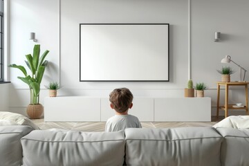 A child is watching TV white mockup screen in a modern interior of a white room