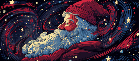 Wall Mural - Hand drawn cartoon beautiful abstract artistic illustration of Santa Claus under the spiral night sky
