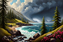 Beautiful Dramatic Landscape Painting Of A Lake Shore In The Mountains, Pine Trees And Flowers, Dark Storm Clouds Rolling In