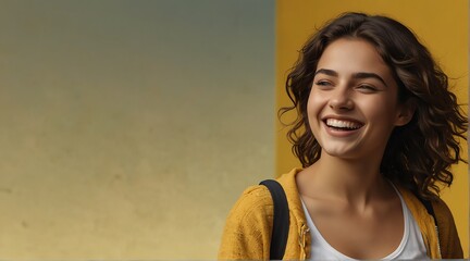 Wall Mural - young italian teenage girl on plain bright yellow background laughing hysterically looking at camera background banner template ad marketing concept from Generative AI