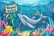 a cartoon cute dolphin with a sign reading Happy Easter over festive easter background on the bottom of the ocean between corals and fishes