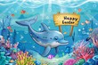 a cartoon cute dolphin with a sign reading Happy Easter over festive easter background on the bottom of the ocean between corals and fishes