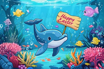 Wall Mural - a cartoon cute dolphin with a sign reading Happy Easter over festive easter background on the bottom of the ocean between corals and fishes