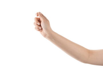 Wall Mural - young woman hand holding something like tablet isolated on white background