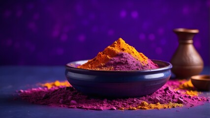 Wall Mural - Vibrant holi powder in a pottery dish set against a purple backdrop featuring copy space