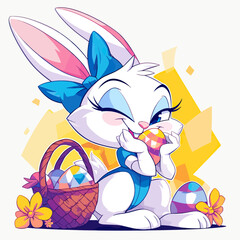 Wall Mural - Easter basket with eggs and bunny decorated with flowers. Happy easter