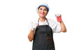 Butcher woman wearing an apron and serving fresh cut meat over isolated background pointing to the side to present a product