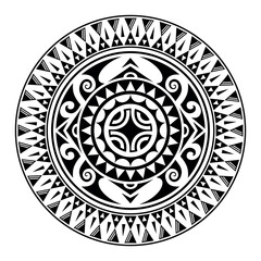 Wall Mural - Round tattoo ornament with swastika maori style. African, aztecs or mayan ethnic style. Black and white.