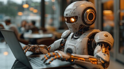 humanoid robot working on a computer