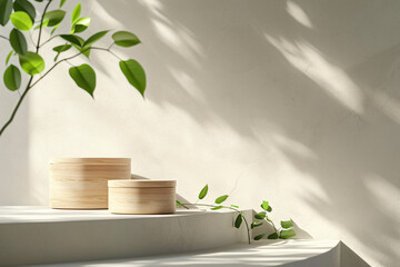 wooden boxes with green leaves on white ledge 3d render 642ecd5c-d1c7-4e0b-ba40-32956a2efec3