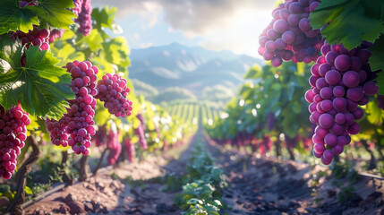 Poster - Grapes fruits in sunlight and wine grape farm, vineyard mountain background.