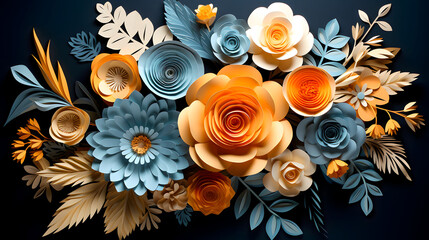 Wall Mural - A colorful bouquet of paper flowers is displayed on a black background. The paper flowers are arranged in a way that creates a sense of depth and dimension, with some flowers appearing to be in the fo