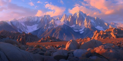 Wall Mural - Panoramic view of snow mountains range landscape. Generative AI.