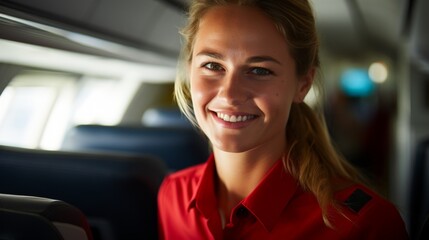 Wall Mural - Portrait of a smiling young woman in a red shirt