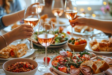 Friends Enjoying a Festive Dinner Party with Wine and Multiple Dishes, Toasting Glasses over a Table Filled with Home Cooked Meals