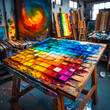 An artist's palette where each color represents a component of the marketing mix, blending together to form a coherent brand strategy, with copy space for creative insights