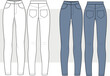 Slim fit - high waisted denim technical drawing vector, women skinny jean. Fashion sketch of pants front and back view. fashion illustration.