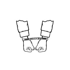 both handcuffed hands facing front black and white vector illustration