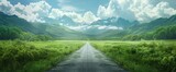 Fototapeta Przestrzenne - Open road through lush greenery, forest, flanked by trees under cloud sky, leads towards rolling hills and mountains in majestic beautiful landscape. Country side road with natural scenery.