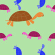 Seamless doodle  turtles side view.  Hand drawn.