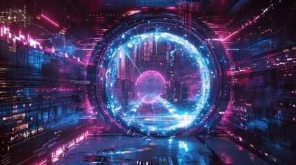 Wall Mural - Holographic portal with cyberpunk effect showcasing digital technology.