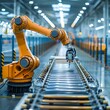 Warehouse robots, wide angle, efficiency in motion for a modern manufacturing background , cinematic