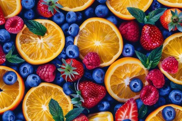 Orange slices, strawberries, and raspberries with mint leaves celebrate nature in dark blue, violet, light gray, and navy.