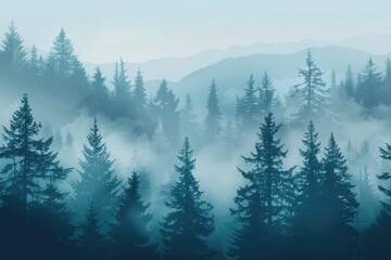 Wall Mural - Forest Landscape. Misty Fir Forest in Retro Vintage Style with Travel Theme