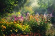 Flowers Garden. Beautiful English Park with Morning Summer Colors