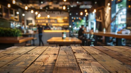 Sticker - Table With Background. Empty Rustic Wood Table in Restaurant with Blurred Light Table Background