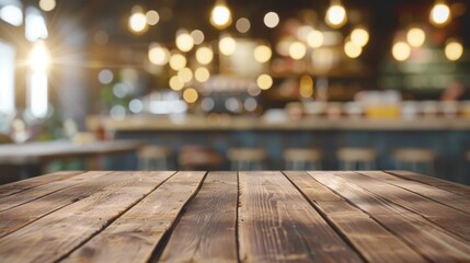 Sticker - Table With Background. Empty Rustic Wood Table in Restaurant with Blurred Soft Light and Bokeh